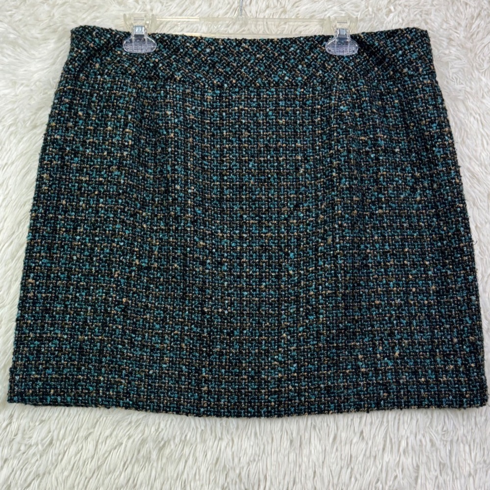 LOFT Size 14 Teal Black Gold Bouclé Tweed Pencil Skirt